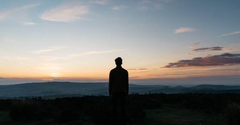 silhouette of man standing on green grass field during sunset